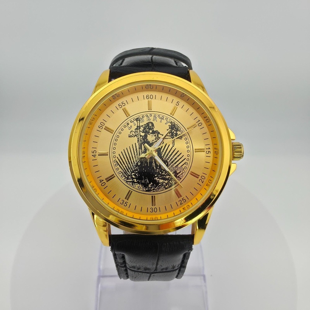Lady Liberty Men's Watch Commemorative Double Gold Faux Leather Gold Tone 8.5"